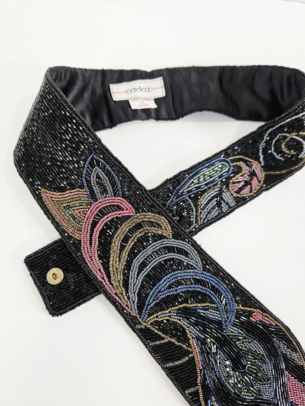 Vintage Cadaz Intricate Seed Beaded Peacock Feather Fold Over Statement Belt